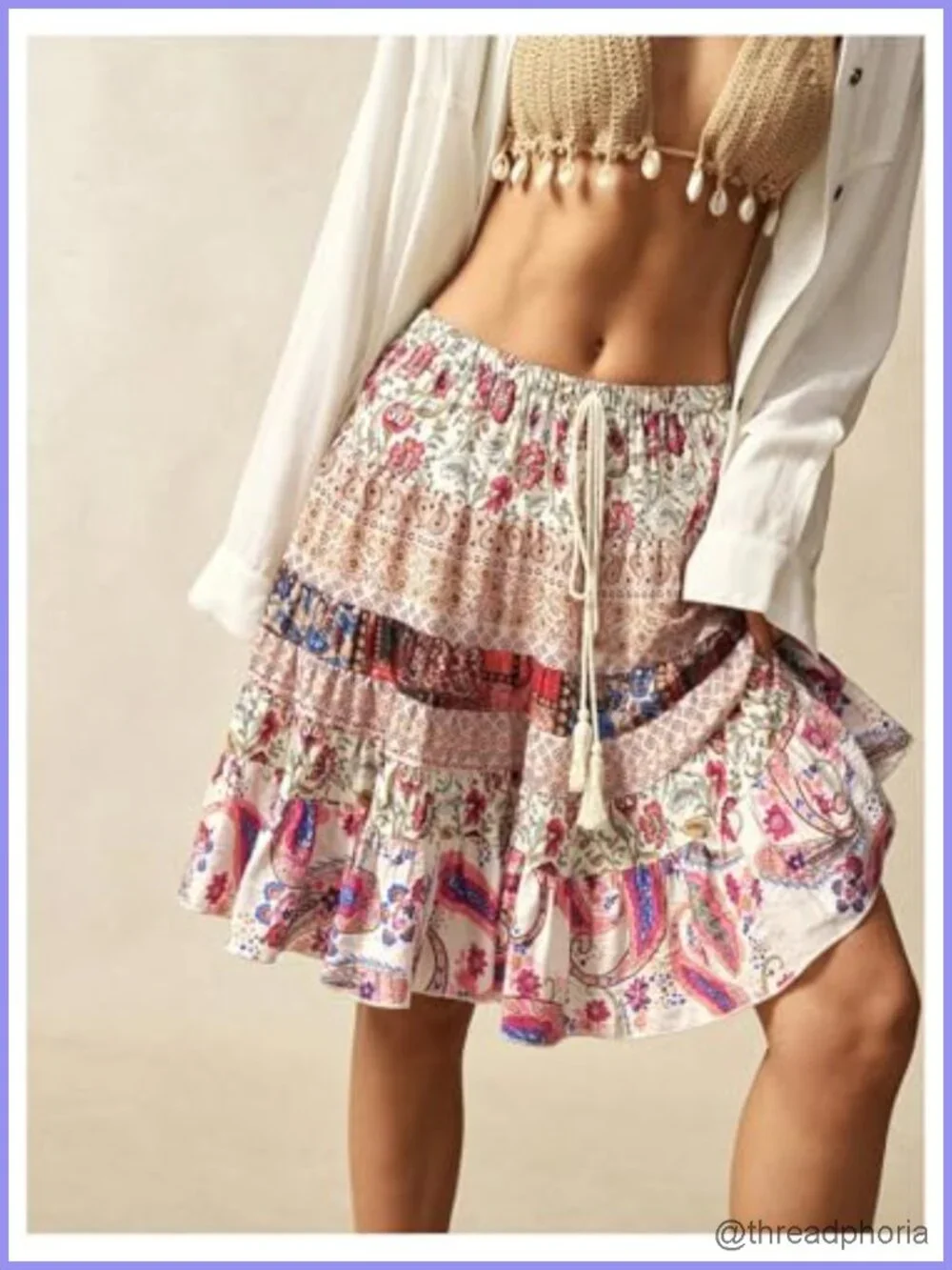 Bohemian Paisley Print Tie Front A-Line Midi Skirt Flowy Summer Vacation
